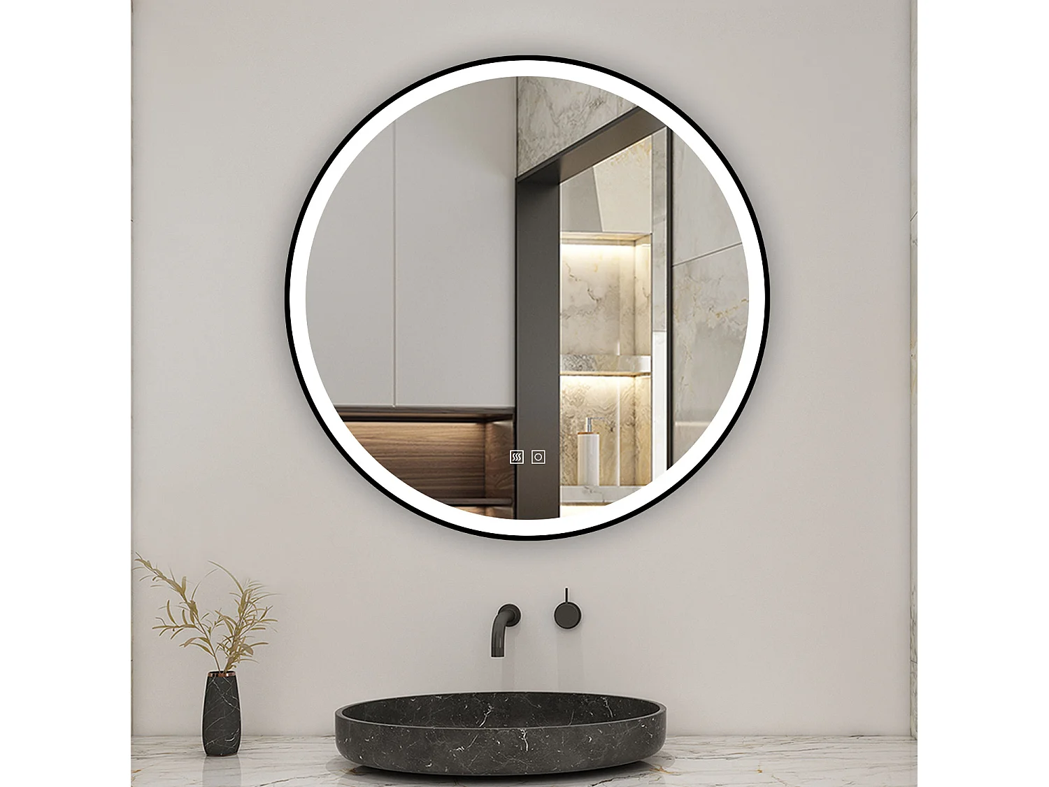 Miroir LED Rond 60cm avec Anti-buée + 3 Couleurs + Dimmable, Mural Miroir salle de bain Rond