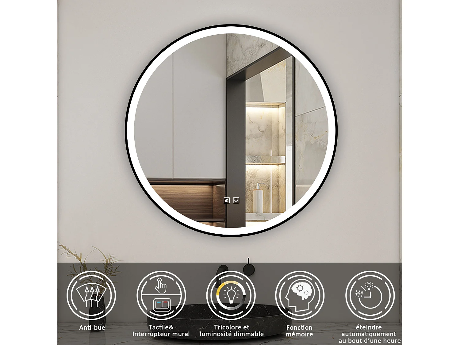 Miroir LED Rond 60cm avec Anti-buée + 3 Couleurs + Dimmable, Mural Miroir salle de bain Rond