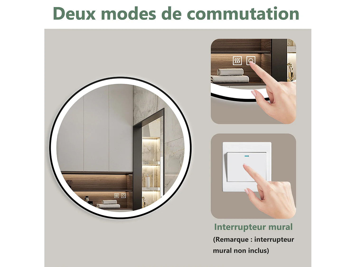 Miroir LED Rond 60cm avec Anti-buée + 3 Couleurs + Dimmable, Mural Miroir salle de bain Rond