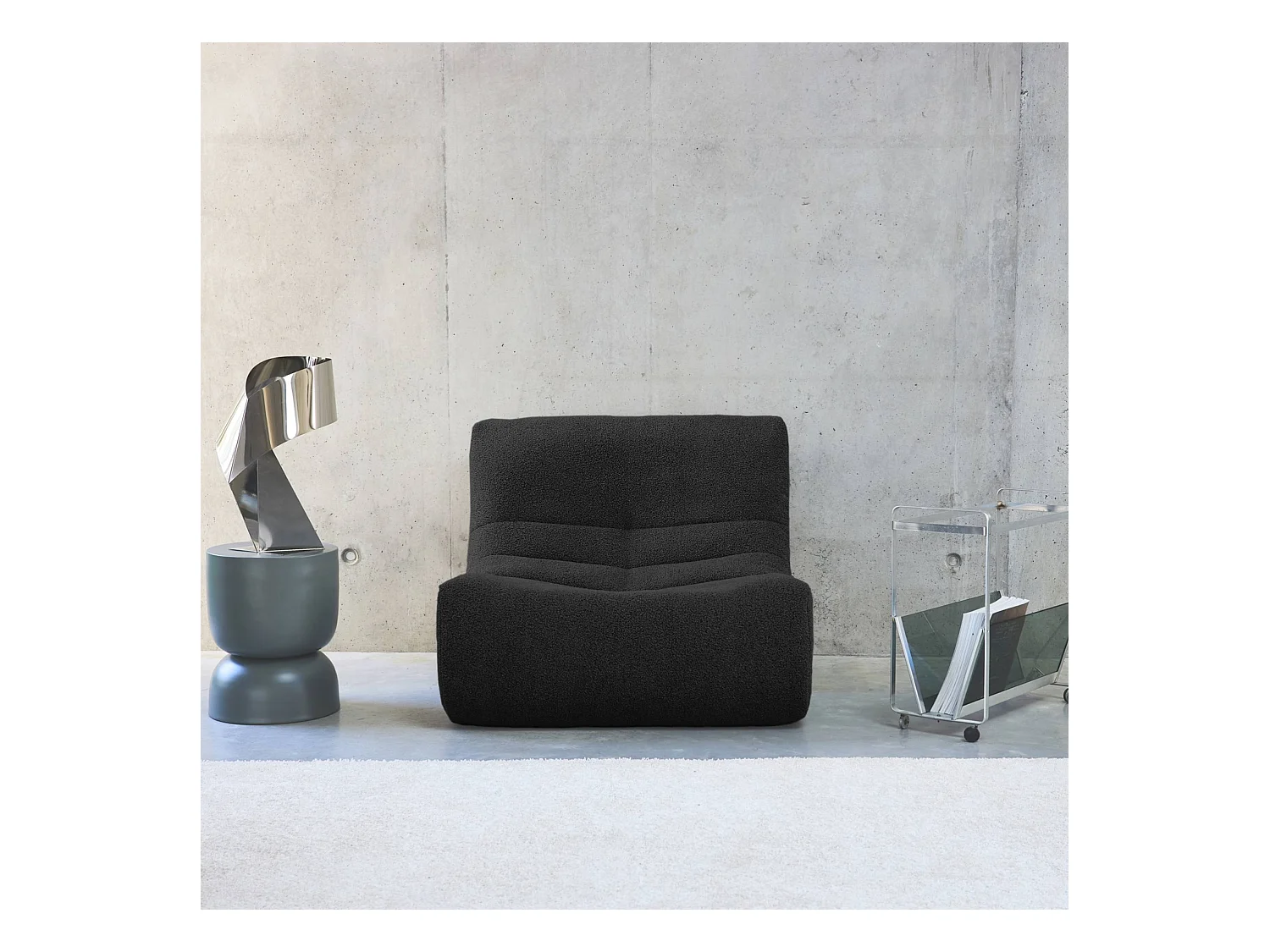 Fauteuil chauffeuse en bouclette texturée noir style contemporain 1 place