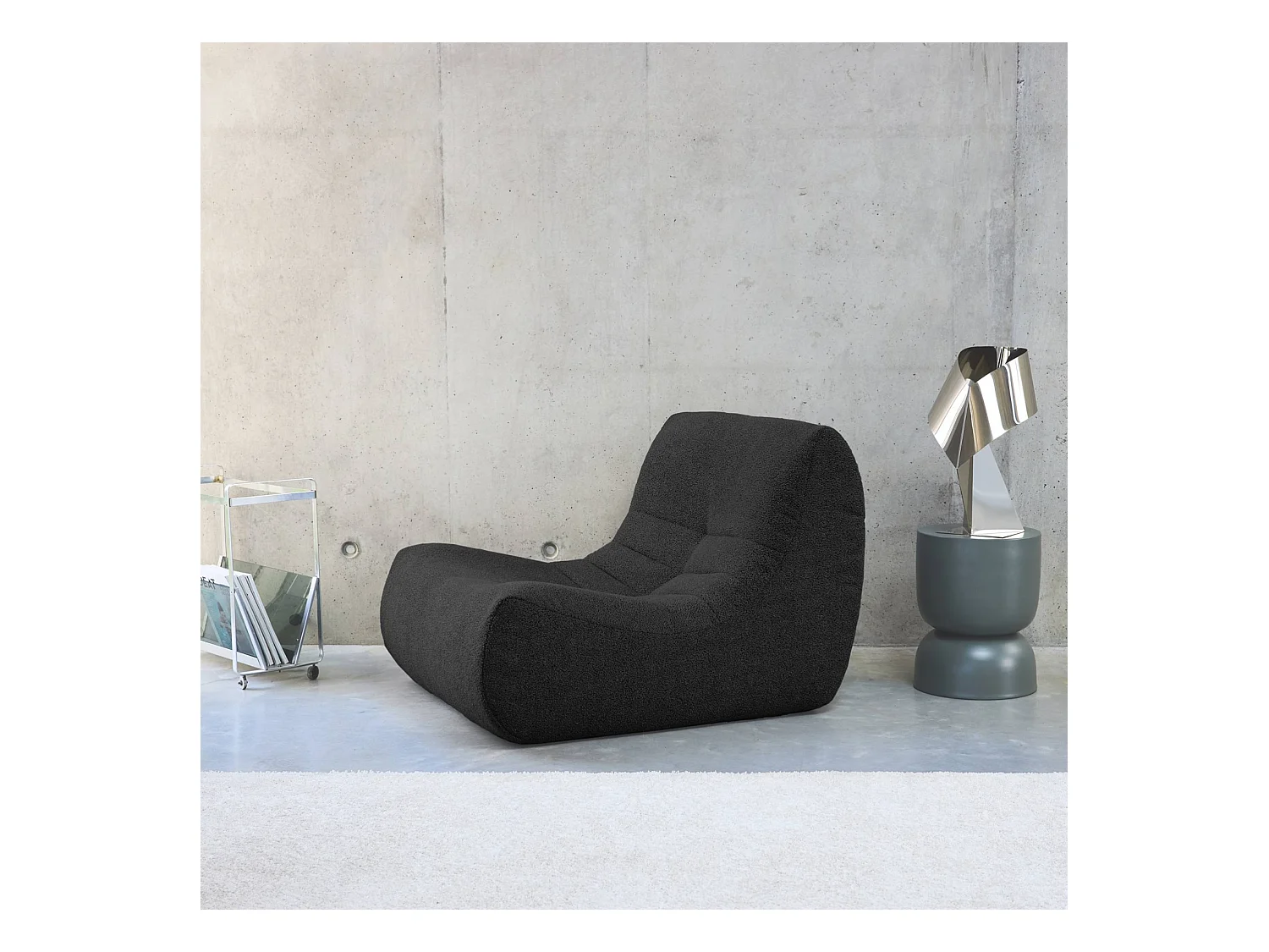 Fauteuil chauffeuse en bouclette texturée noir style contemporain 1 place