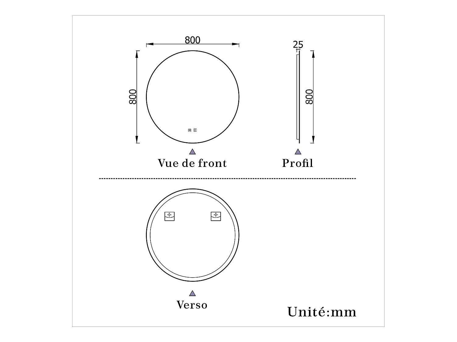 Miroir LED Rond 80cm avec Anti-buée + 3 Couleurs + Dimmable, Mural Miroir salle de bain