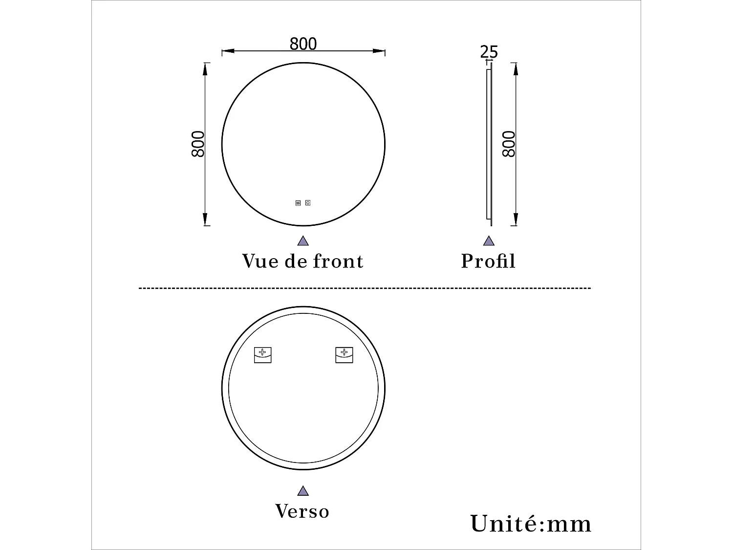 Miroir LED Rond 80cm avec Anti-buée + 3 Couleurs + Dimmable, Mural Miroir salle de bain