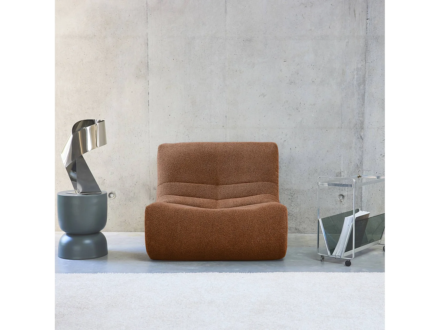 Fauteuil chauffeuse en bouclette texturée terracotta style contemporain 1 place