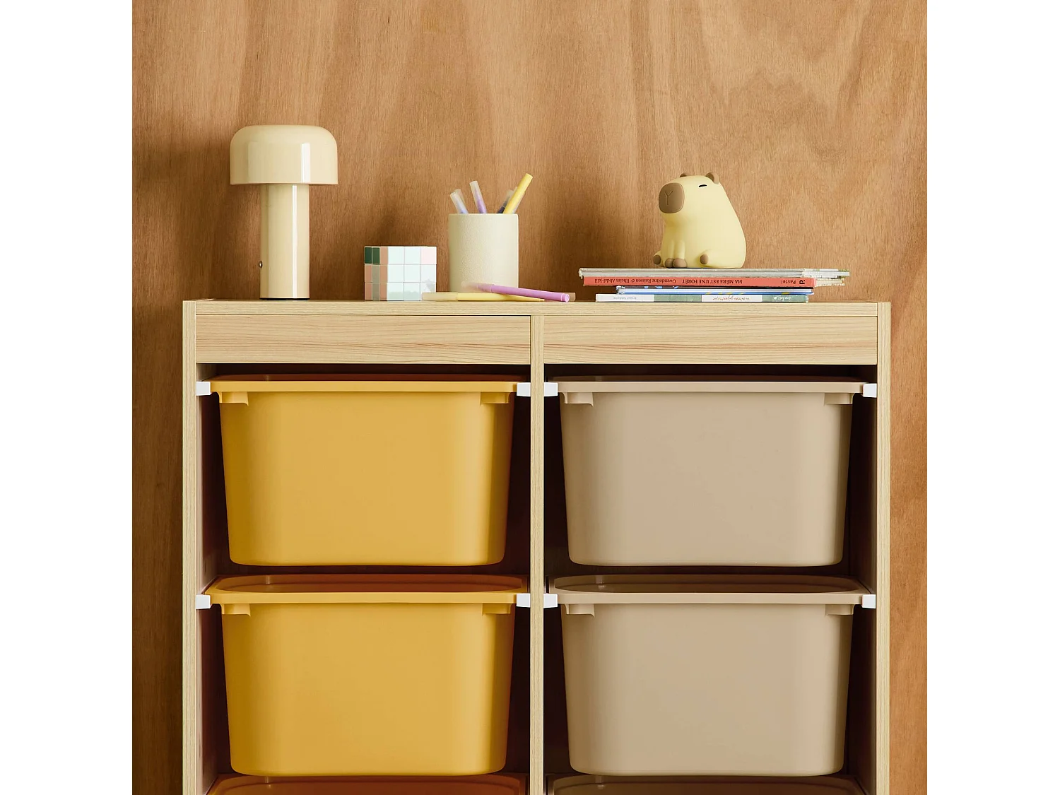 Meuble de rangement enfant 6 bacs de rangement en plastique moutarde taupe - Sora