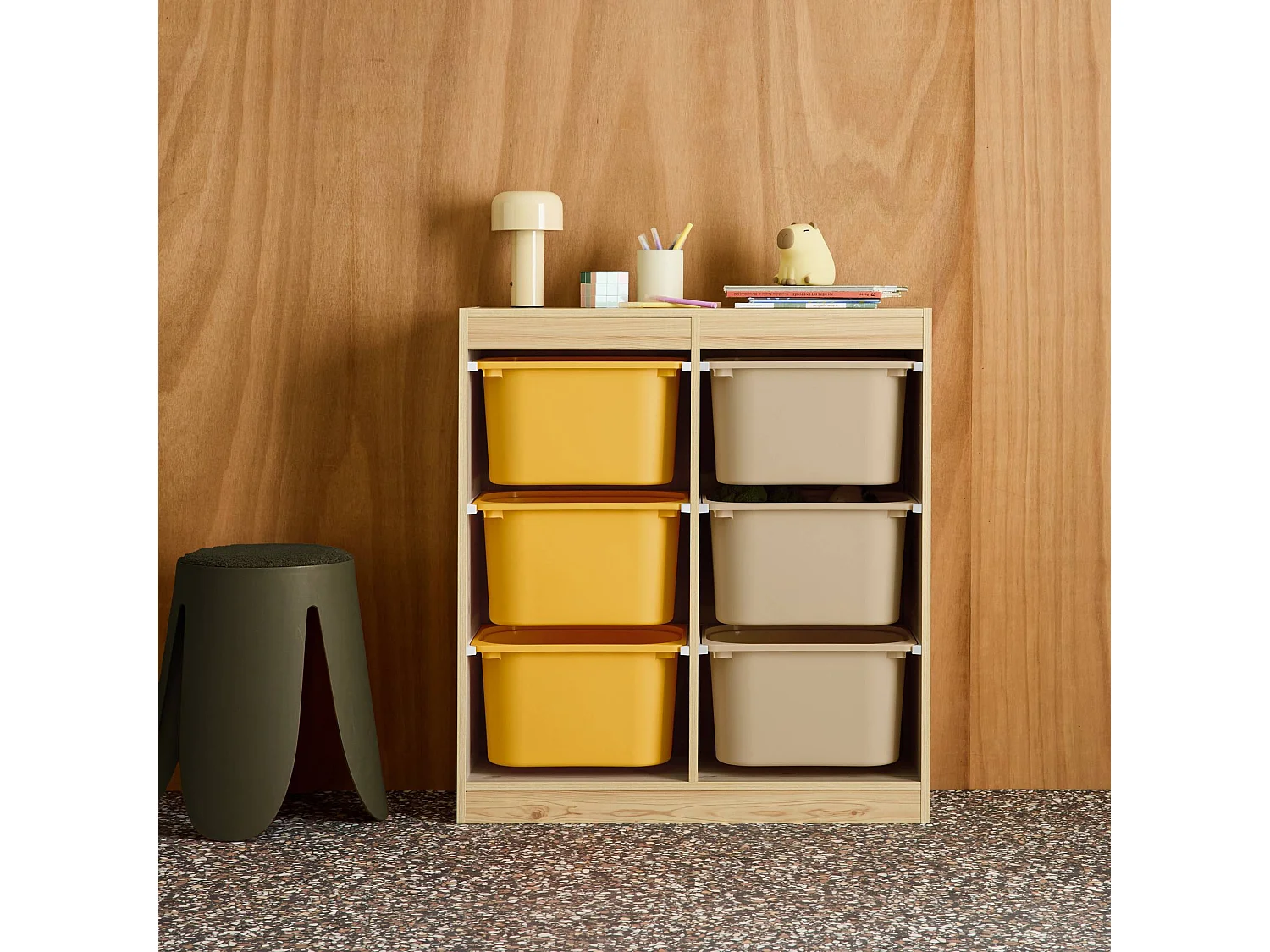 Meuble de rangement enfant 6 bacs de rangement en plastique moutarde taupe - Sora