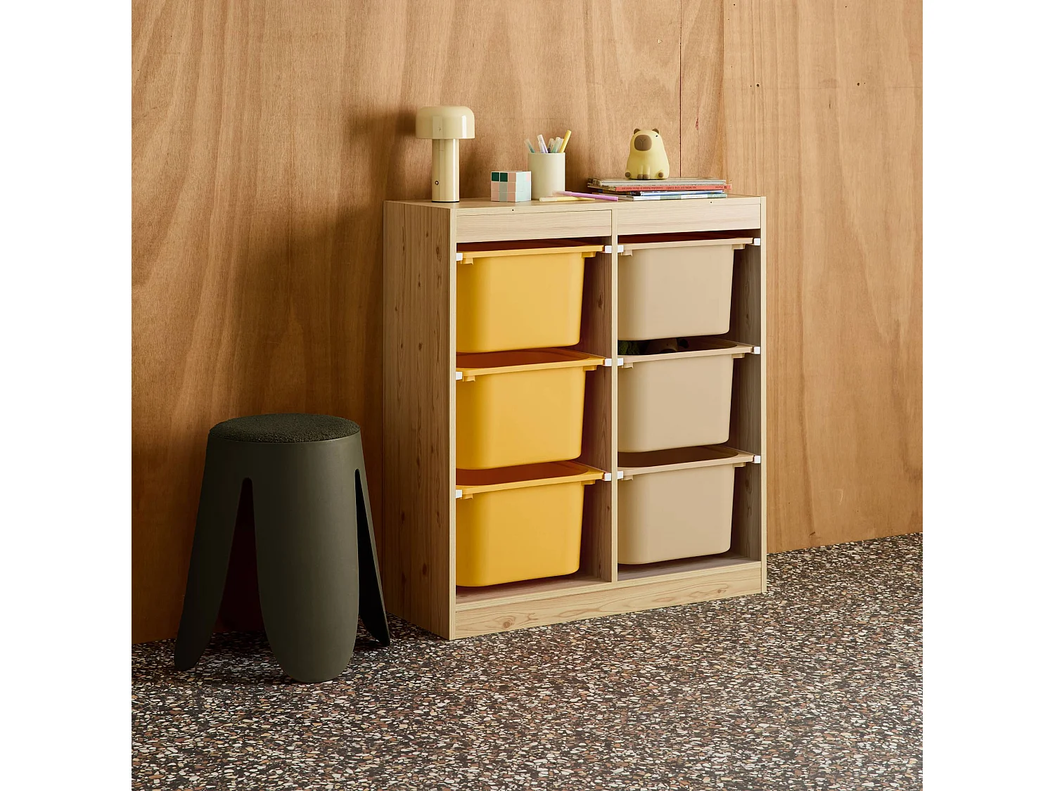 Meuble de rangement enfant 6 bacs de rangement en plastique moutarde taupe - Sora