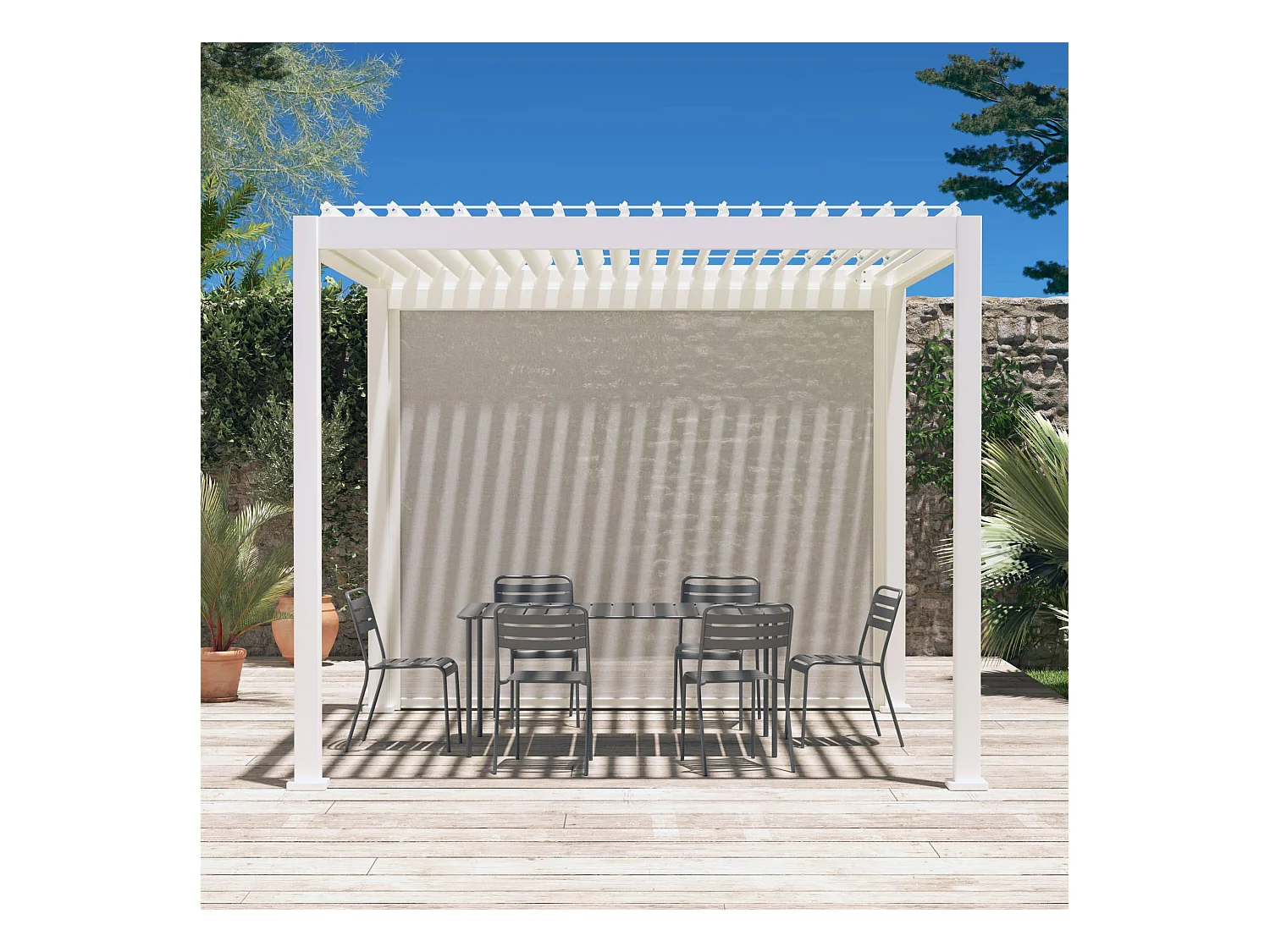 Store blanc pour pergola bioclimatique – Triomphe – 3m. aluminium et textilène