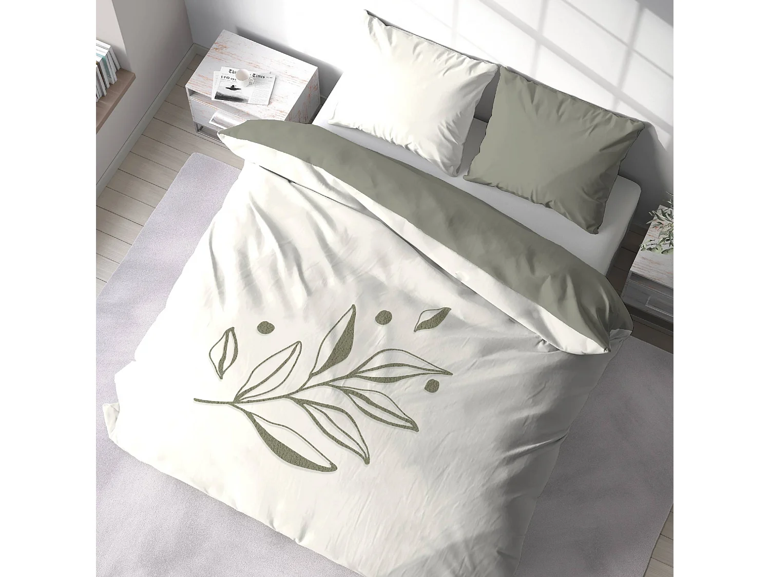 Parure de lit imprimé végétal blanc et kaki 240 x 220 cm en coton lavé