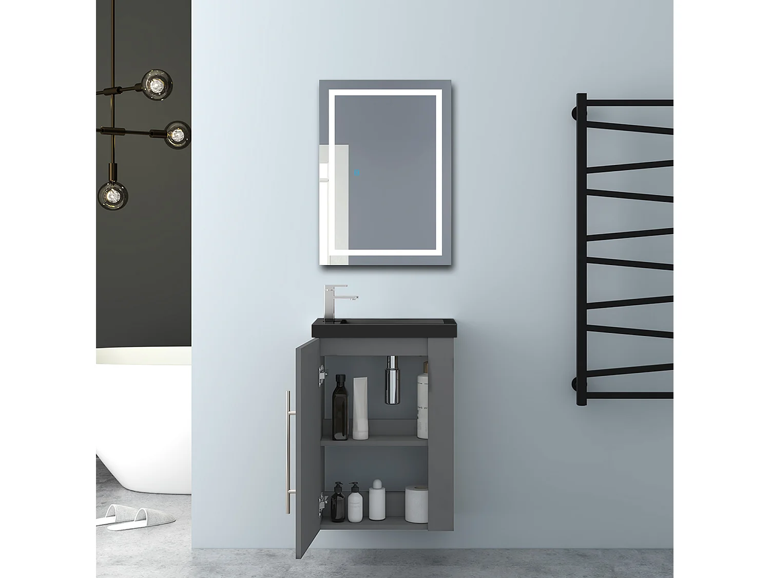 AICA Badmöbel 45cm Schwarz Waschtisch mit Unterschrank - Matt Dunkelgrau Hängeschrank