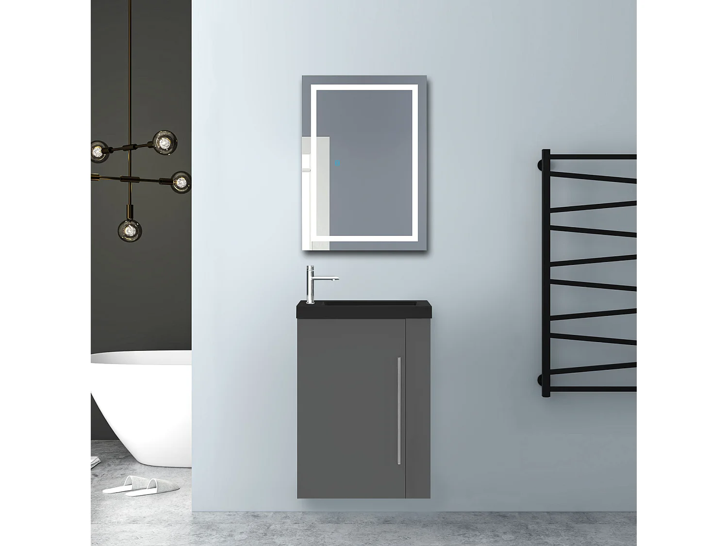 AICA Badmöbel 45cm Schwarz Waschtisch mit Unterschrank - Matt Dunkelgrau Hängeschrank