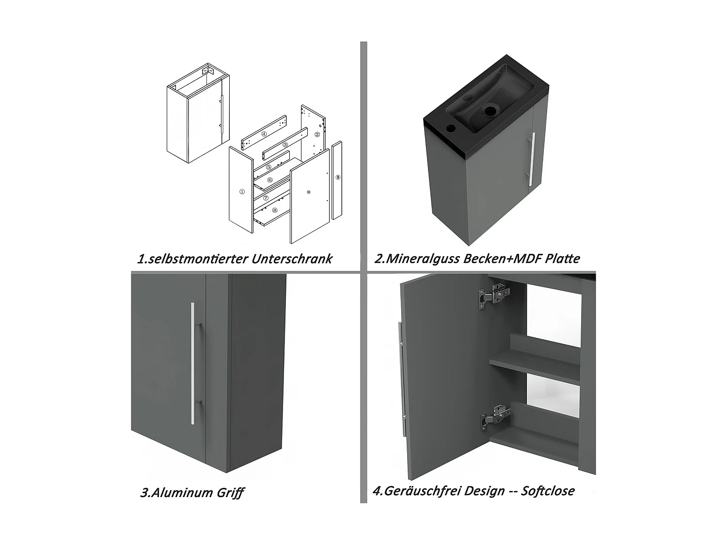 AICA Badmöbel 45cm Schwarz Waschtisch mit Unterschrank - Matt Dunkelgrau Hängeschrank