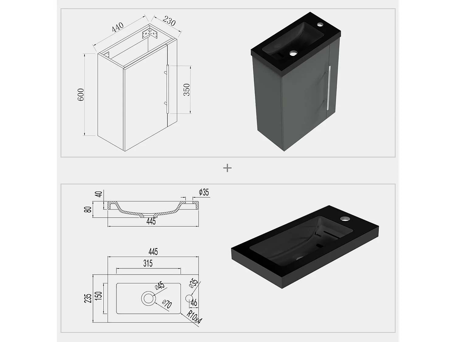 AICA Badmöbel 45cm Schwarz Waschtisch mit Unterschrank - Matt Dunkelgrau Hängeschrank
