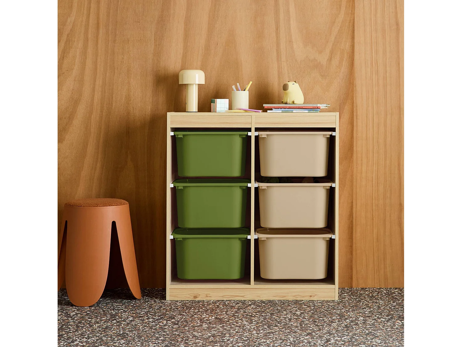 Meuble de rangement enfant 6 bacs de rangement en plastique vert olive taupe - Sora