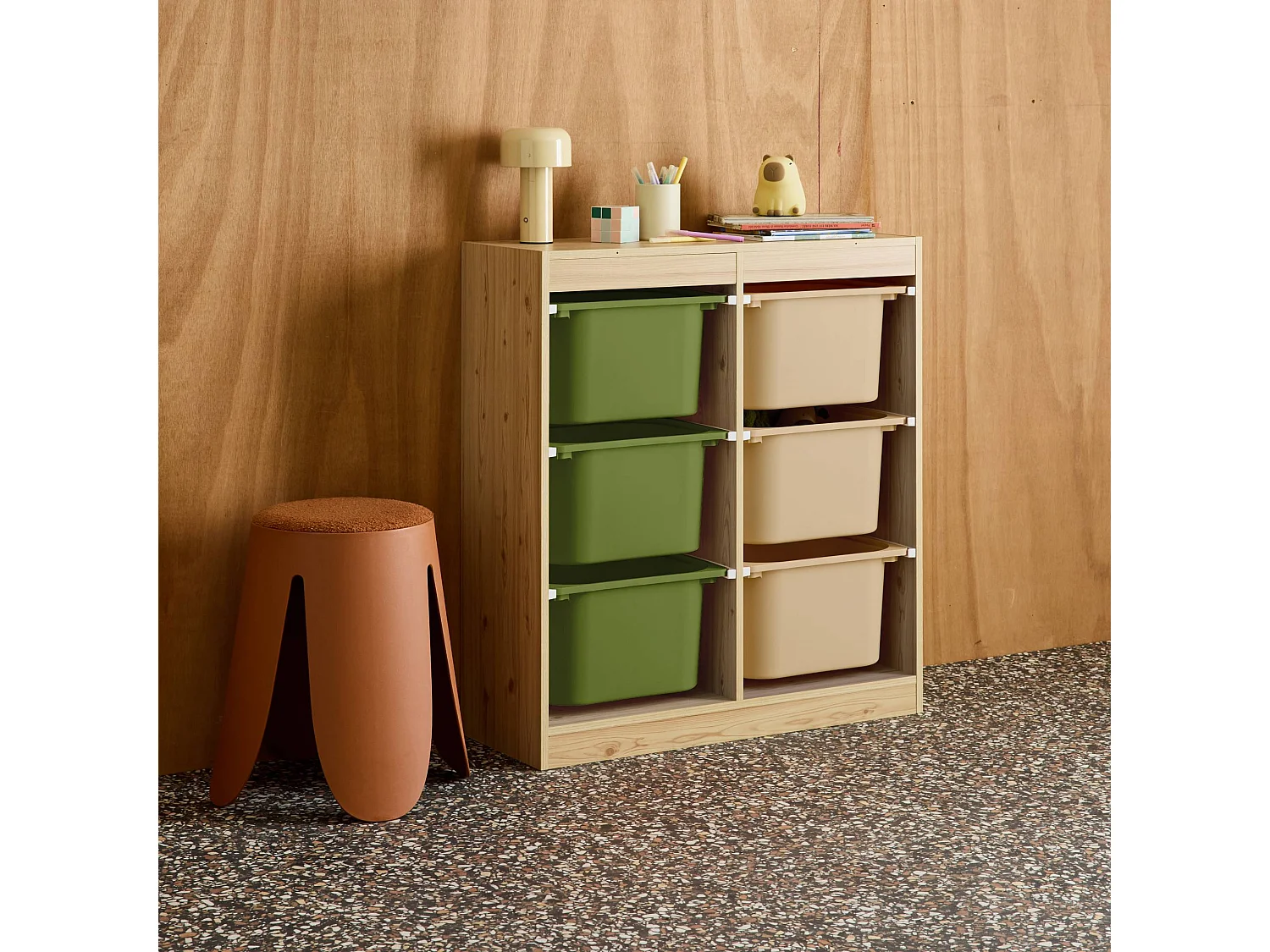 Meuble de rangement enfant 6 bacs de rangement en plastique vert olive taupe - Sora