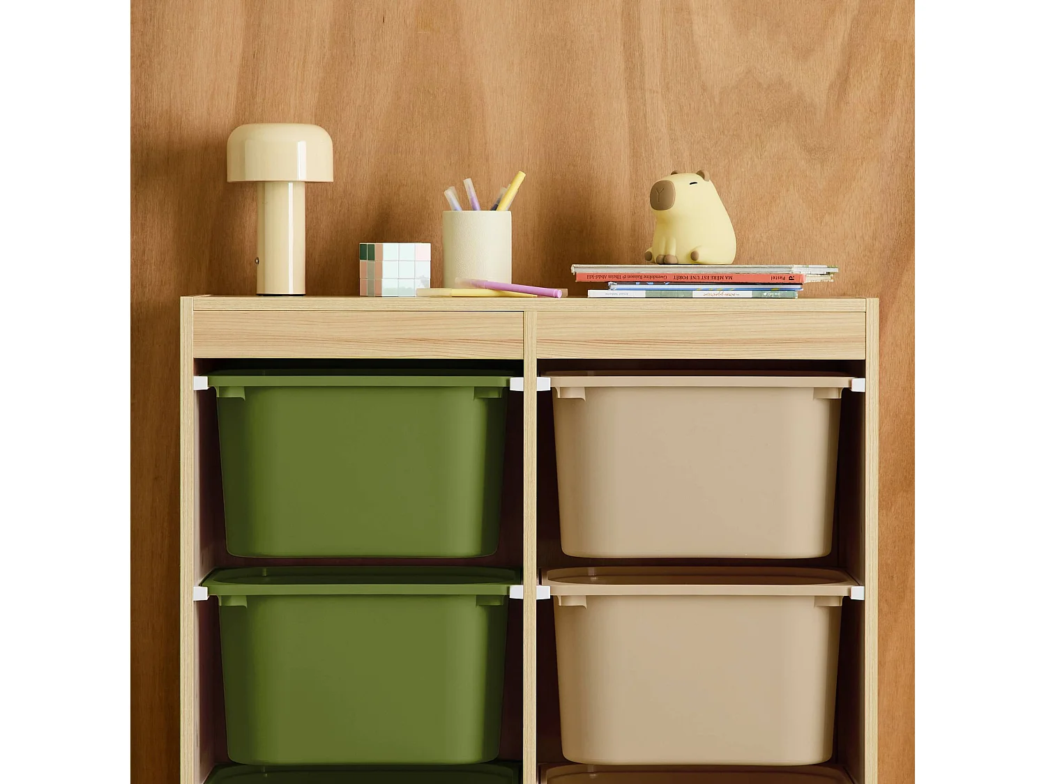 Meuble de rangement enfant 6 bacs de rangement en plastique vert olive taupe - Sora