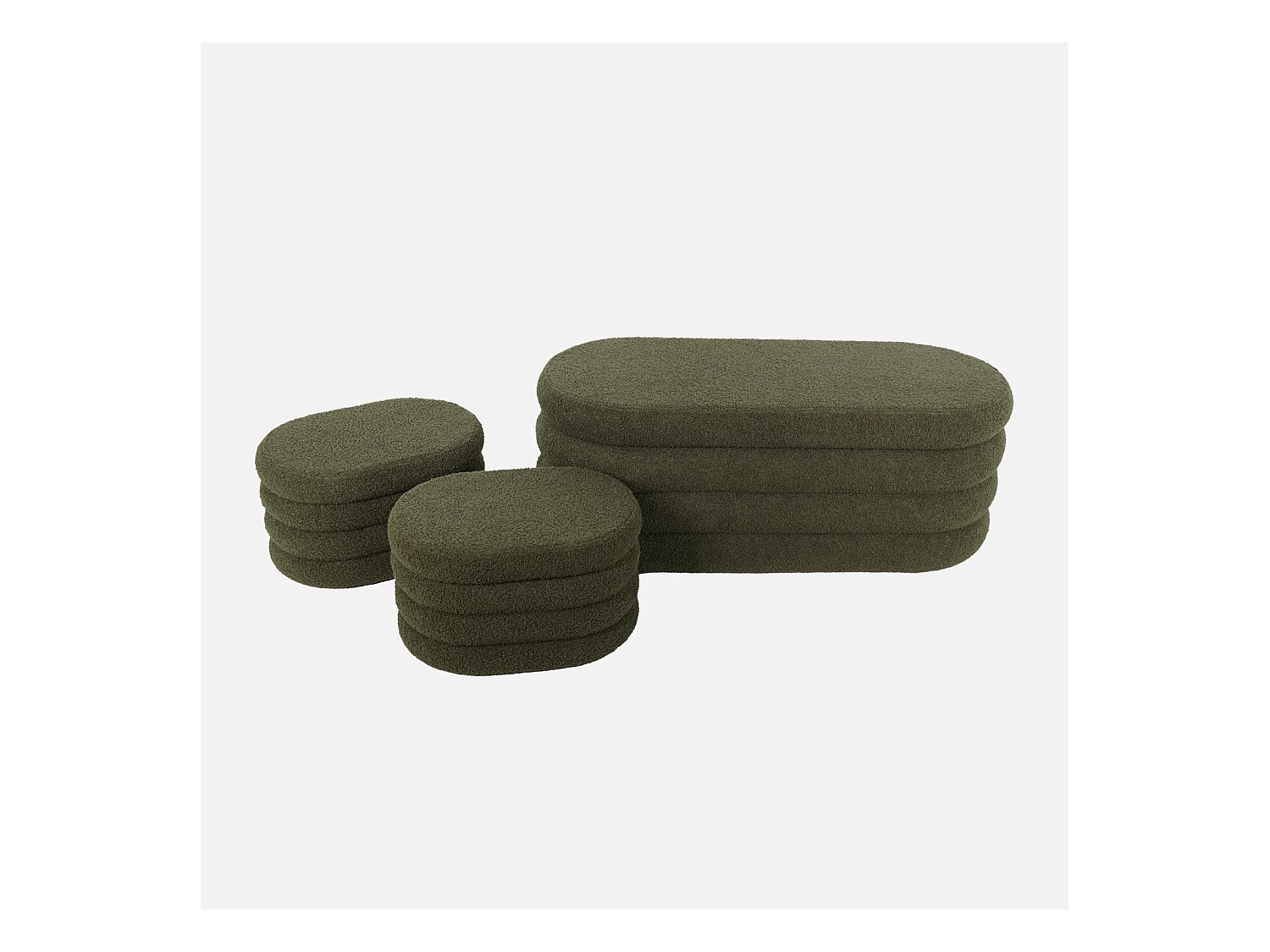 Banc coffre en bouclettes kaki avec 2 poufs ovales de rangement intégrés - L111cm