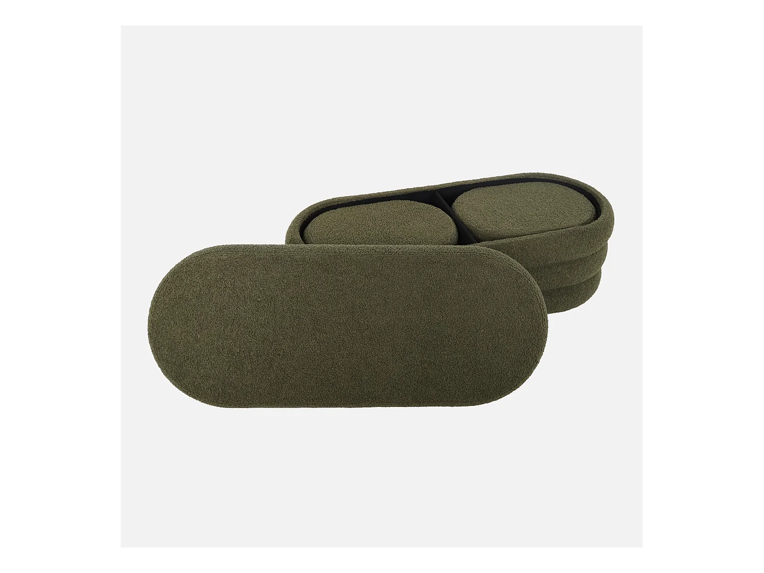 Banc coffre en bouclettes kaki avec 2 poufs ovales de rangement intégrés - L111cm