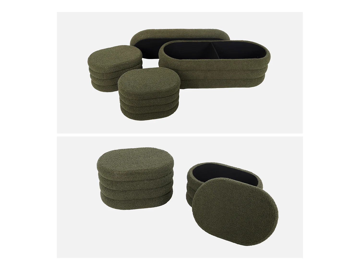 Banc coffre en bouclettes kaki avec 2 poufs ovales de rangement intégrés - L111cm
