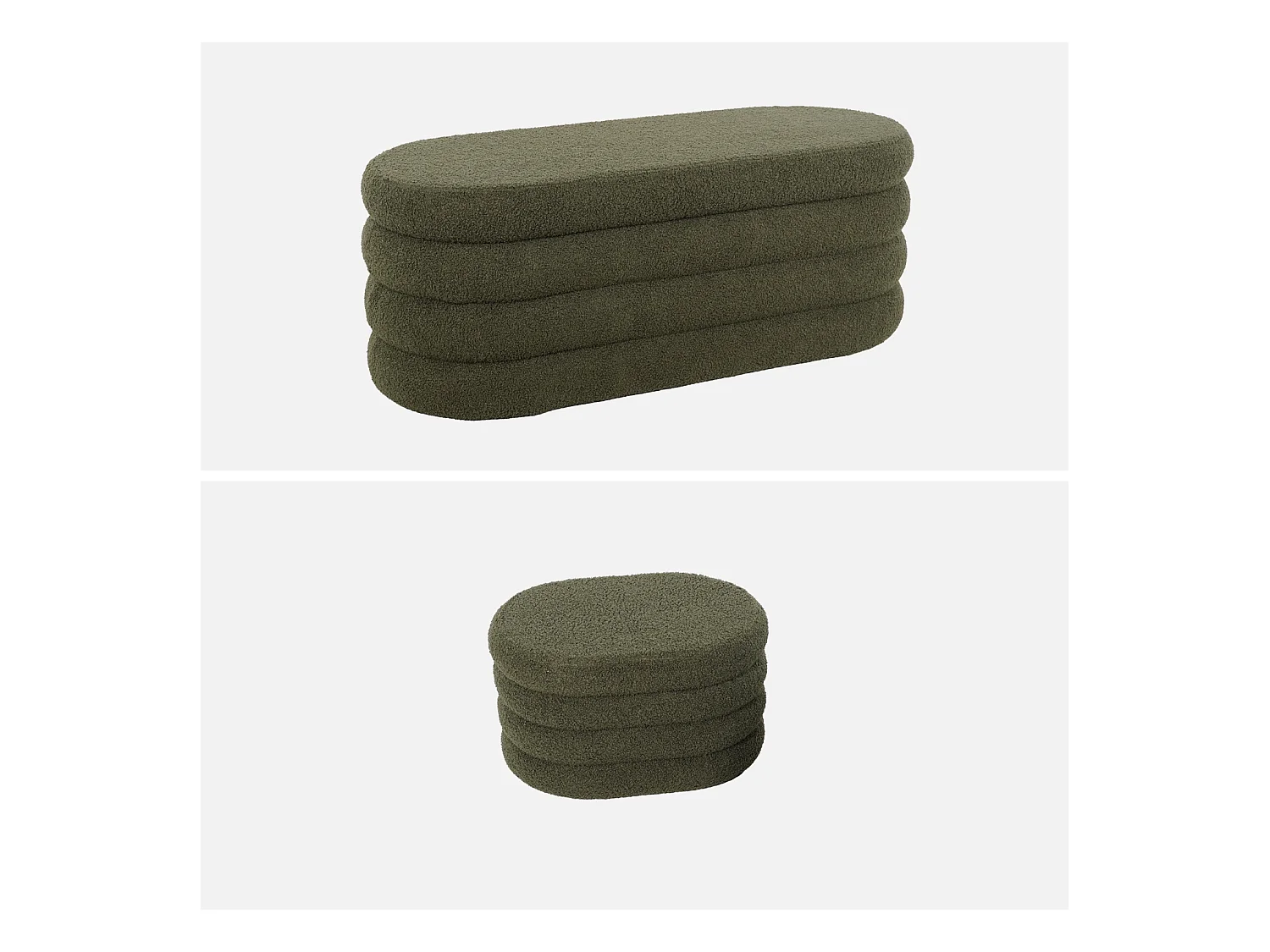 Banc coffre en bouclettes kaki avec 2 poufs ovales de rangement intégrés - L111cm