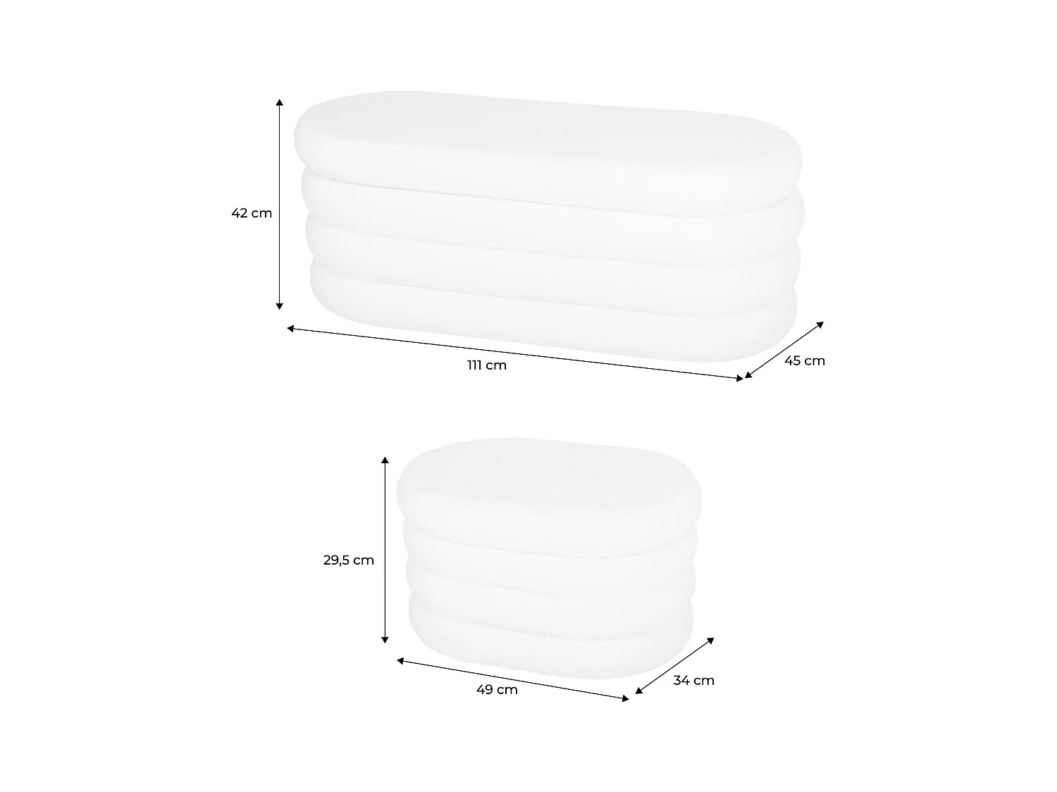 Banc coffre en bouclettes kaki avec 2 poufs ovales de rangement intégrés - L111cm