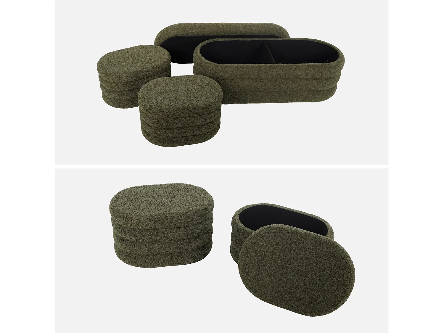 Banco cofre de almacenamiento borreguito con 2 puffs verde kaki