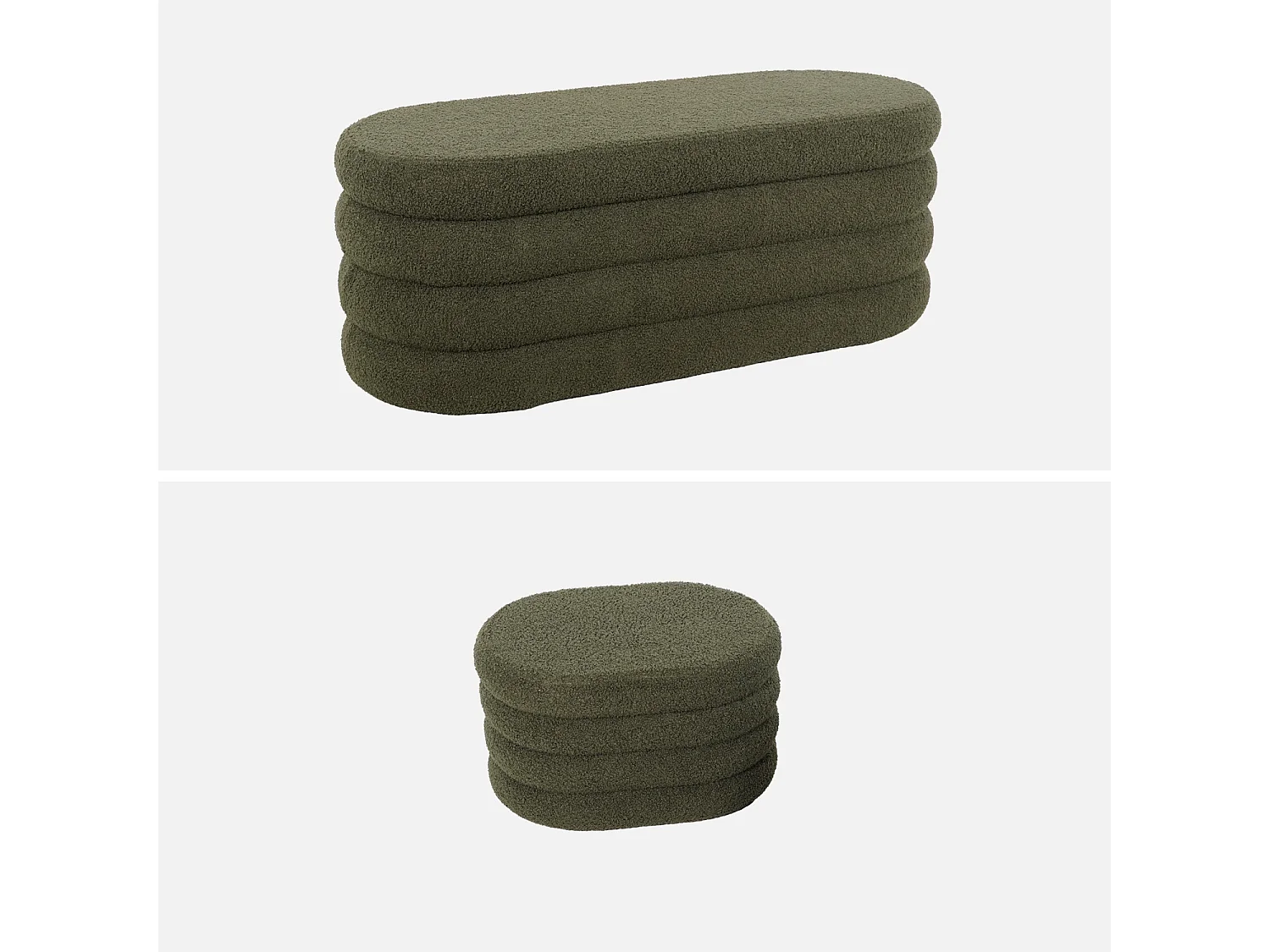 Banco cofre de almacenamiento borreguito con 2 puffs verde kaki