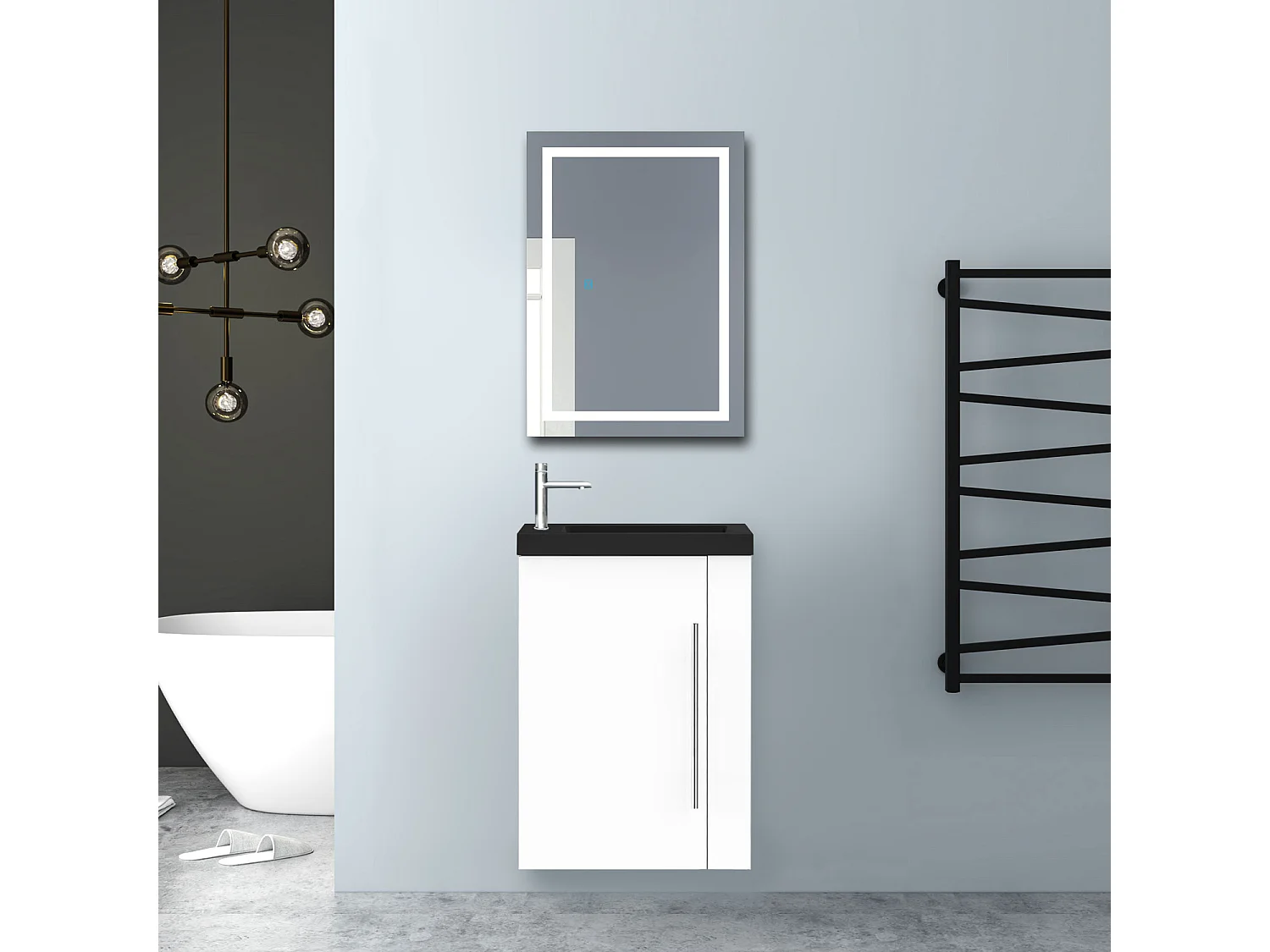 AICA Badmöbel 45cm Schwarz Waschtisch mit Unterschrank - Matt Weiß Hängeschrank