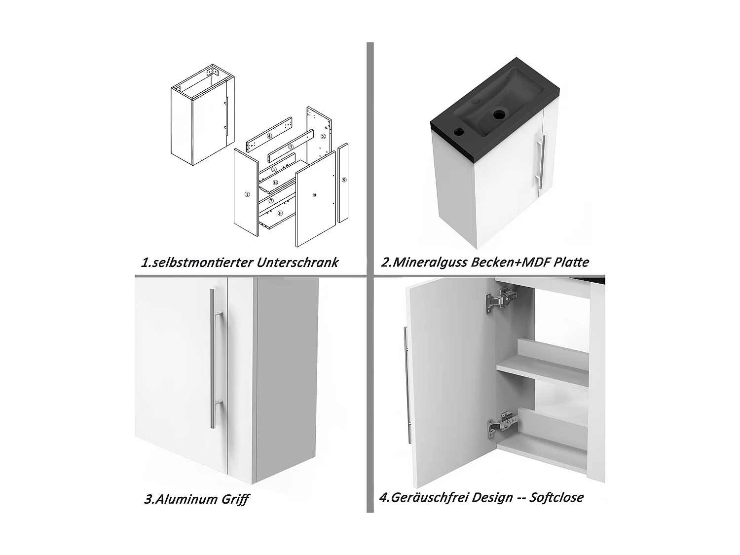 AICA Badmöbel 45cm Schwarz Waschtisch mit Unterschrank - Matt Weiß Hängeschrank