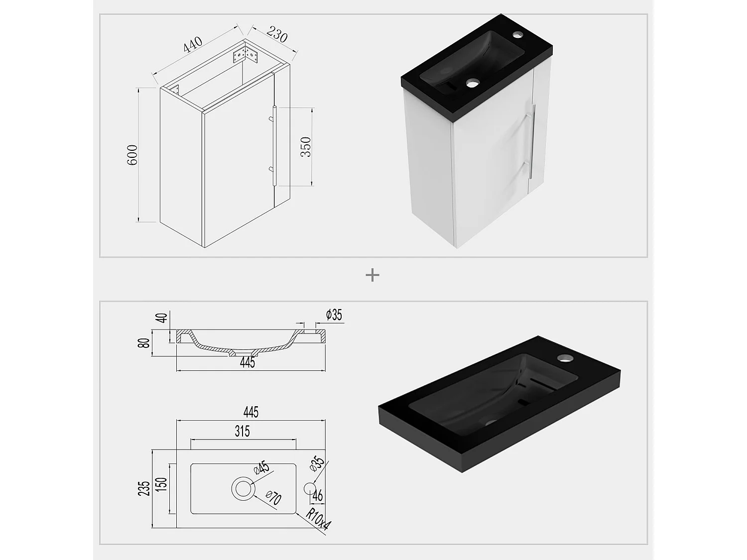 AICA Badmöbel 45cm Schwarz Waschtisch mit Unterschrank - Matt Weiß Hängeschrank