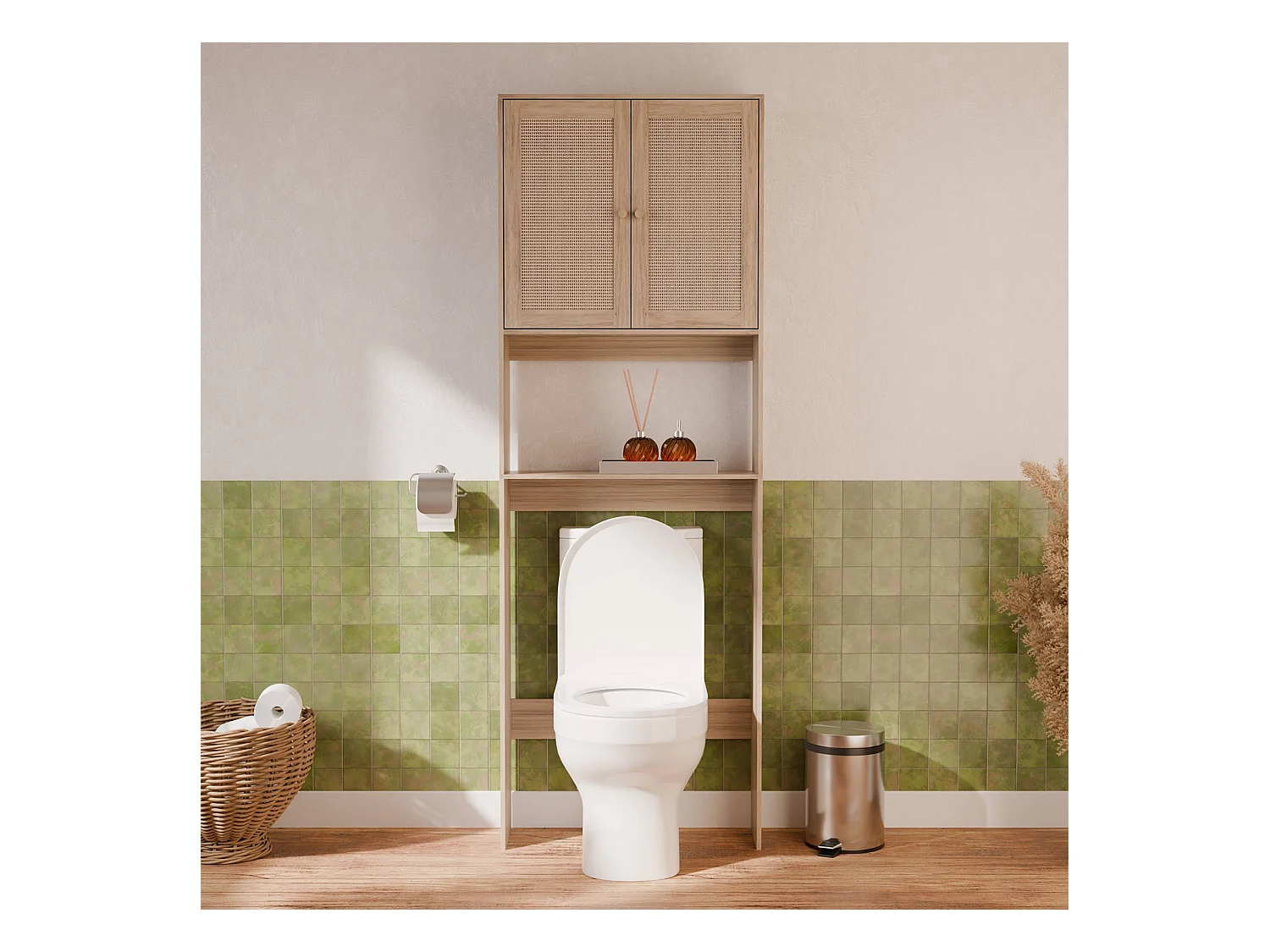 Mensola mobile wc decorato in legno e canna, marrone naturale