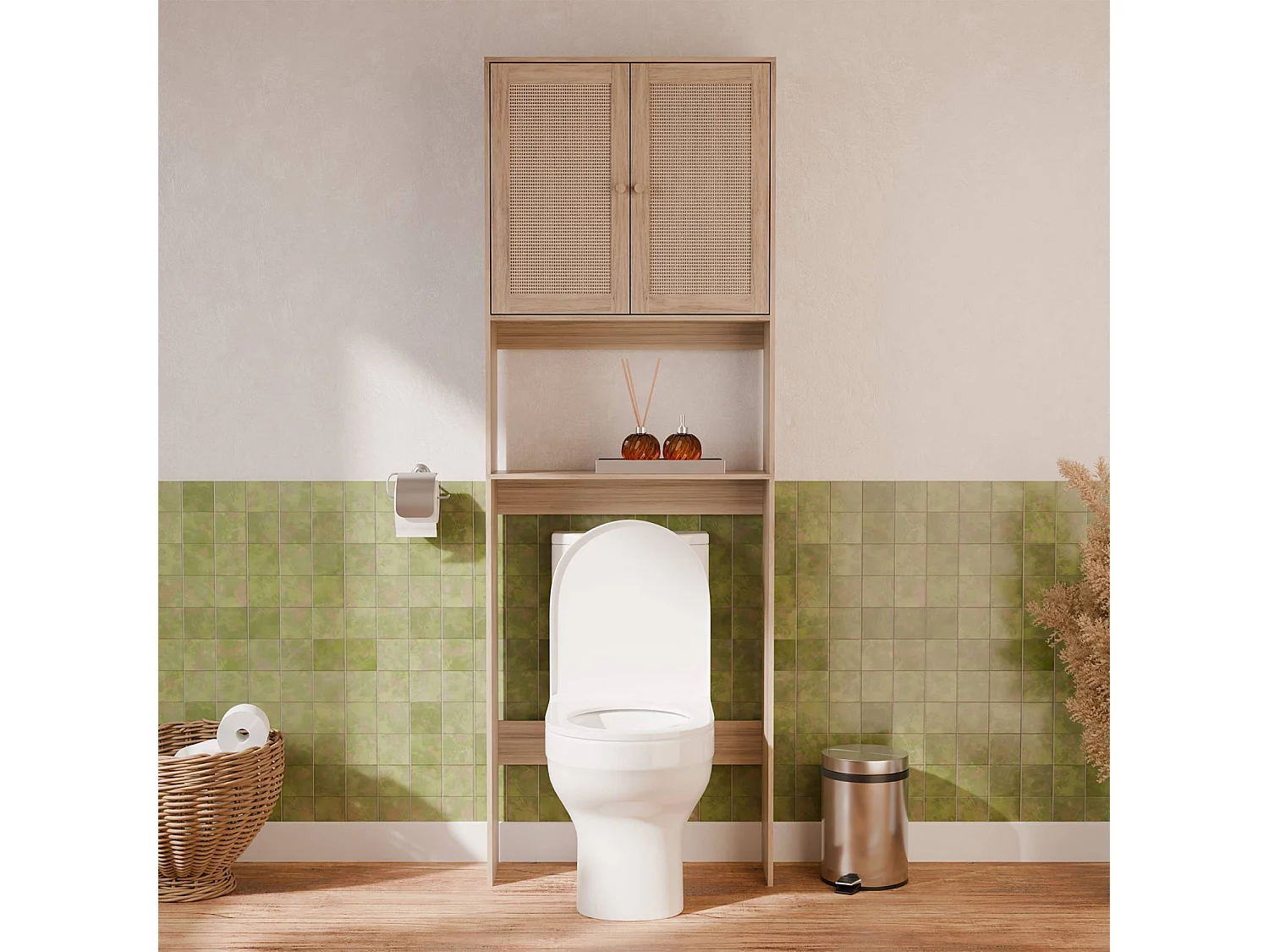 Estante mueble de wc decorada en madera y caña natural