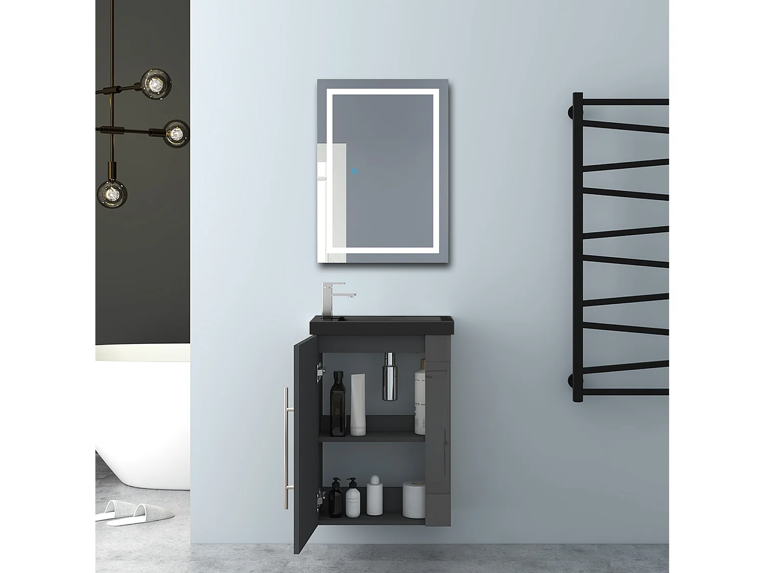 AICA Badmöbel 45cm Schwarz Waschtisch mit Unterschrank - Hochglanz Schwarz Hängeschrank