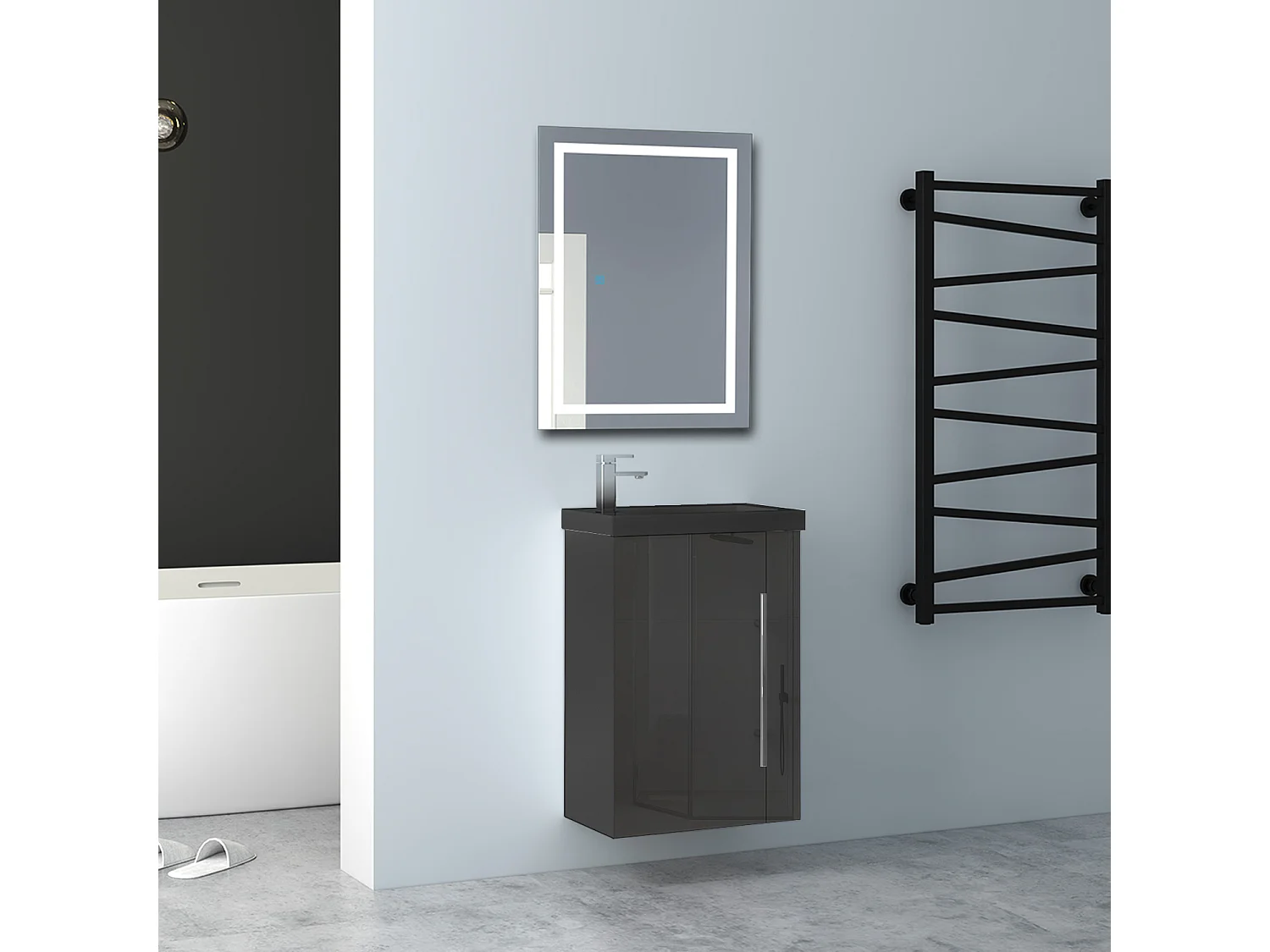 AICA Badmöbel 45cm Schwarz Waschtisch mit Unterschrank - Hochglanz Schwarz Hängeschrank