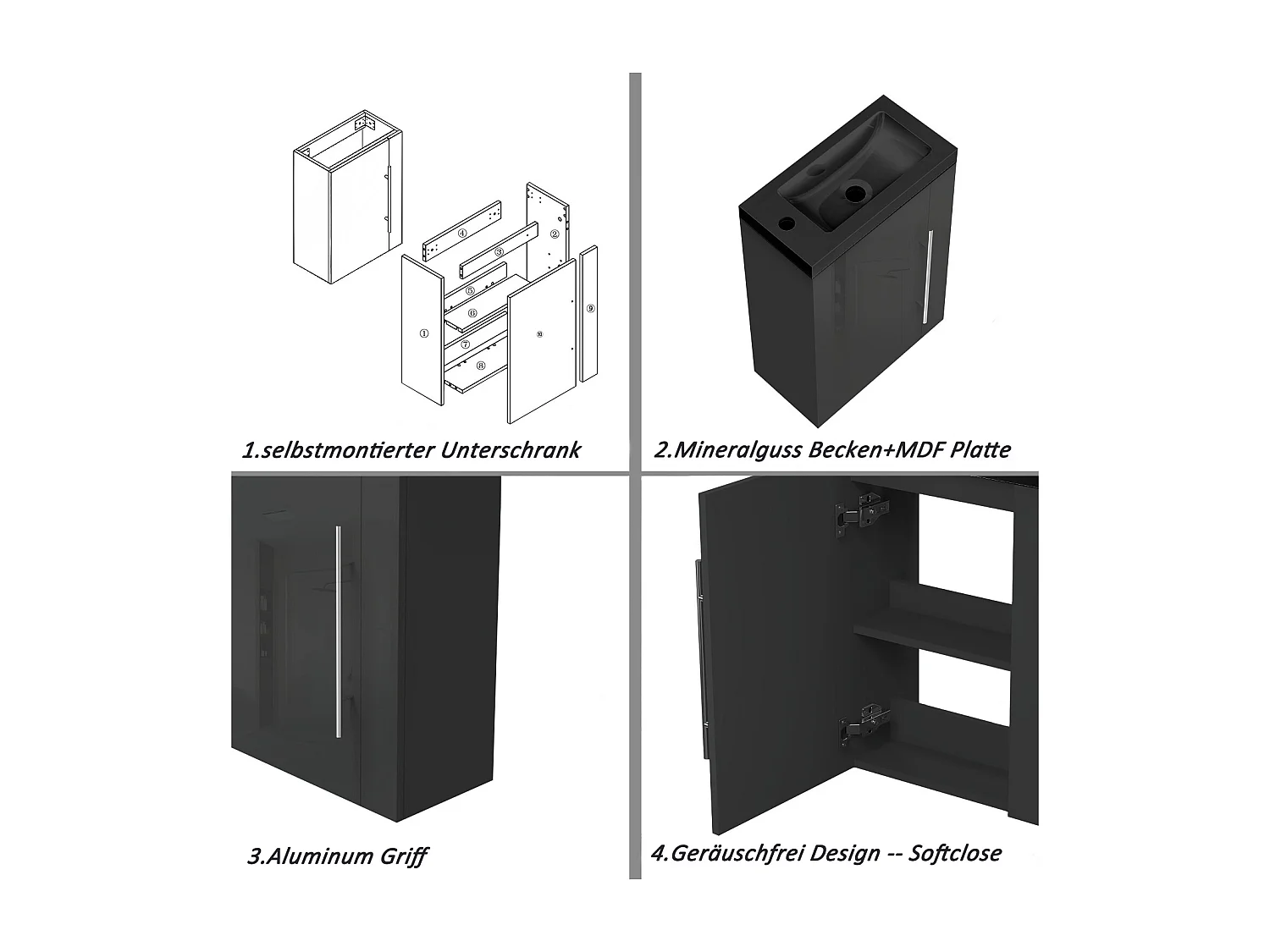 AICA Badmöbel 45cm Schwarz Waschtisch mit Unterschrank - Hochglanz Schwarz Hängeschrank