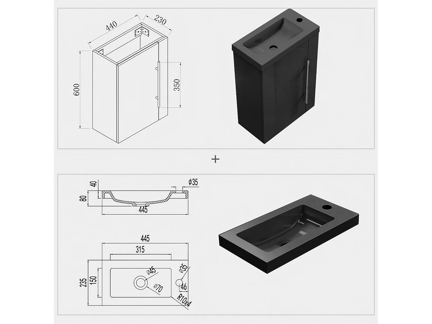 AICA Badmöbel 45cm Schwarz Waschtisch mit Unterschrank - Hochglanz Schwarz Hängeschrank