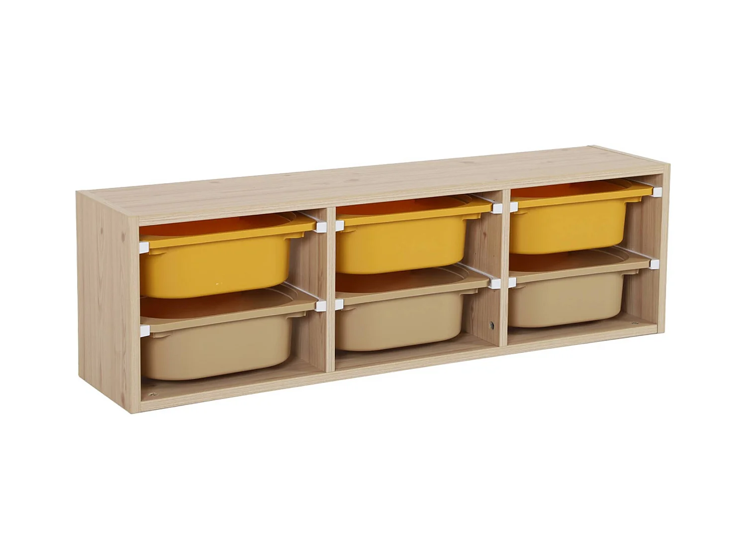 Meuble de rangement naturel pour enfant. 6 bacs en plastique moutarde taupe - Sora