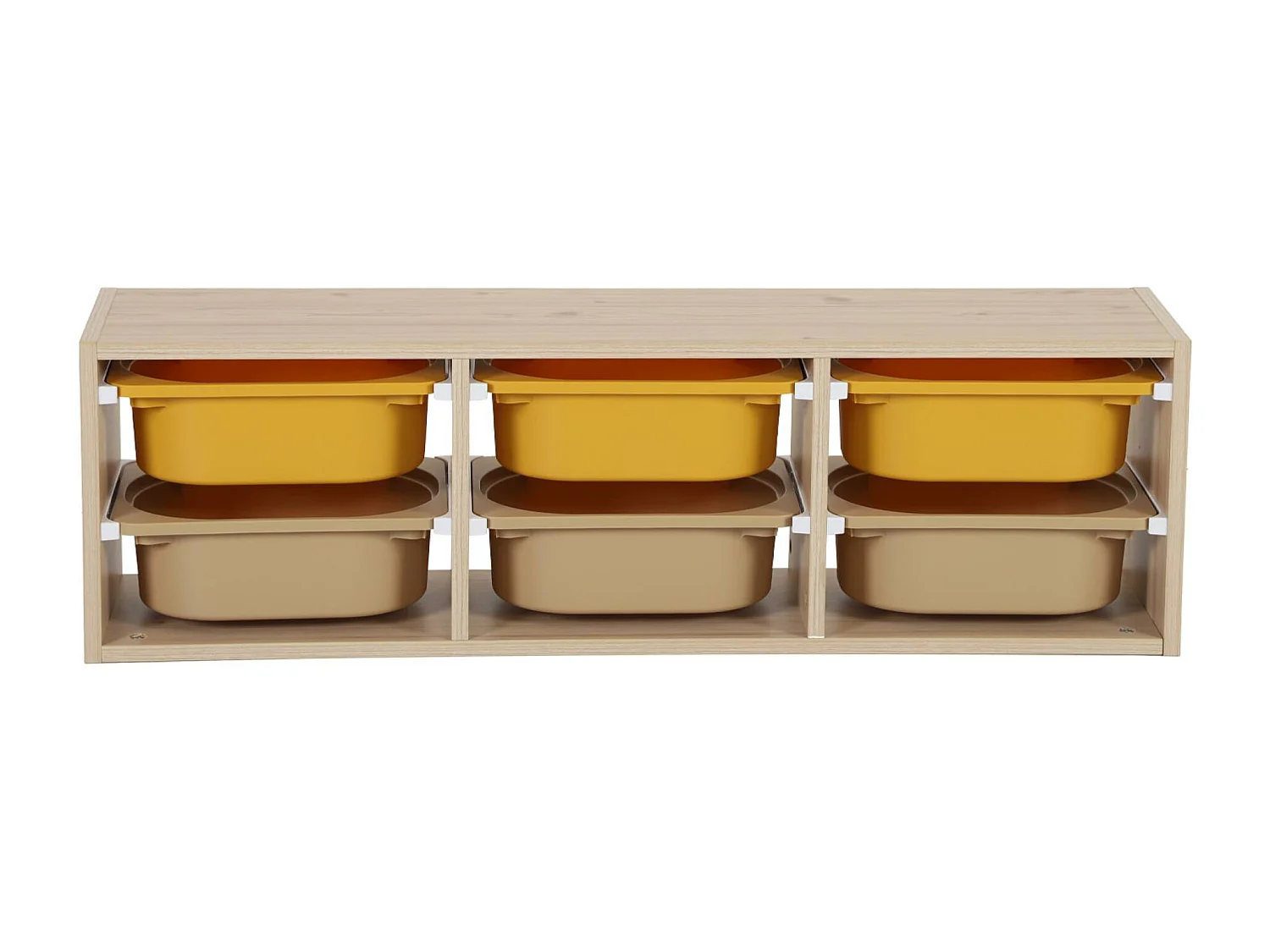 Meuble de rangement naturel pour enfant. 6 bacs en plastique moutarde taupe - Sora
