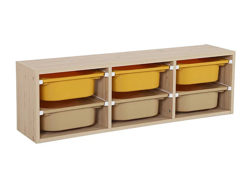 Meuble de rangement naturel pour enfant. 6 bacs en plastique moutarde taupe - Sora