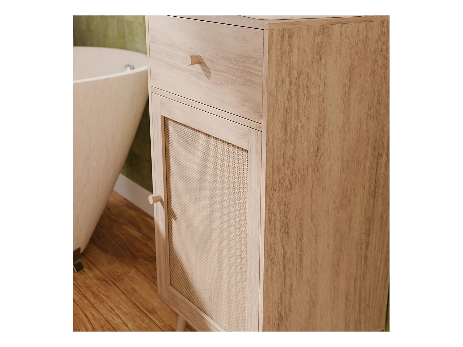 Meuble salle de bain décor bois et cannage Bohème 1 tiroir 1 étagère 45 x 36 x 90 cm naturel