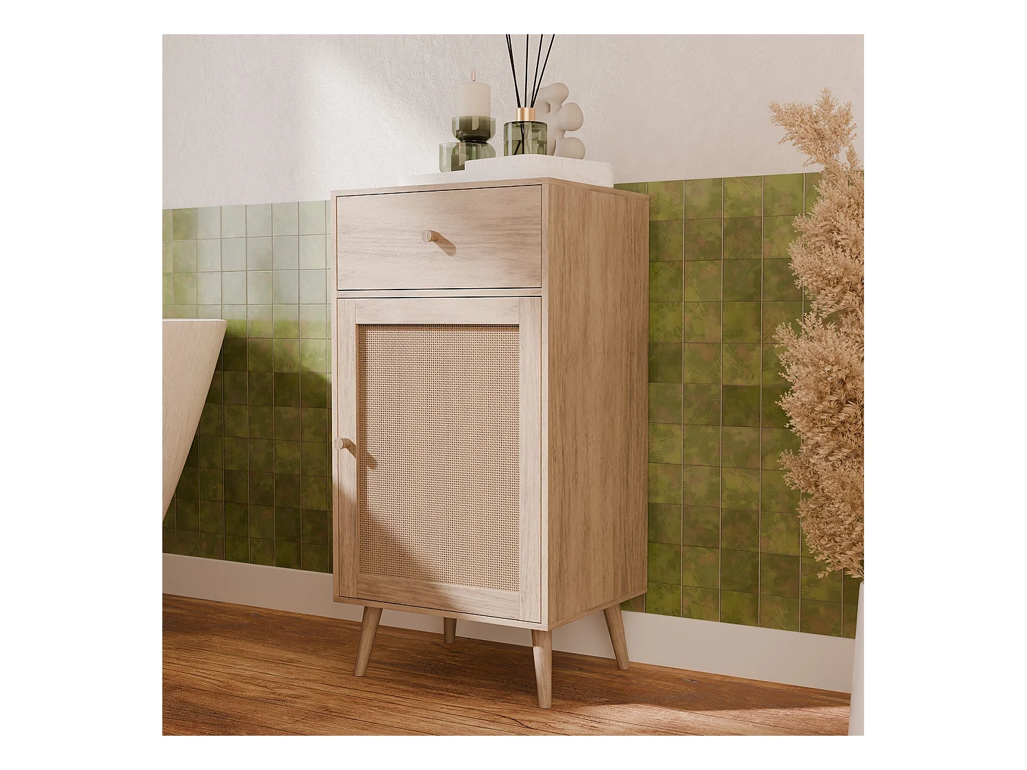 Meuble salle de bain décor bois et cannage Bohème 1 tiroir 1 étagère 45 x 36 x 90 cm naturel