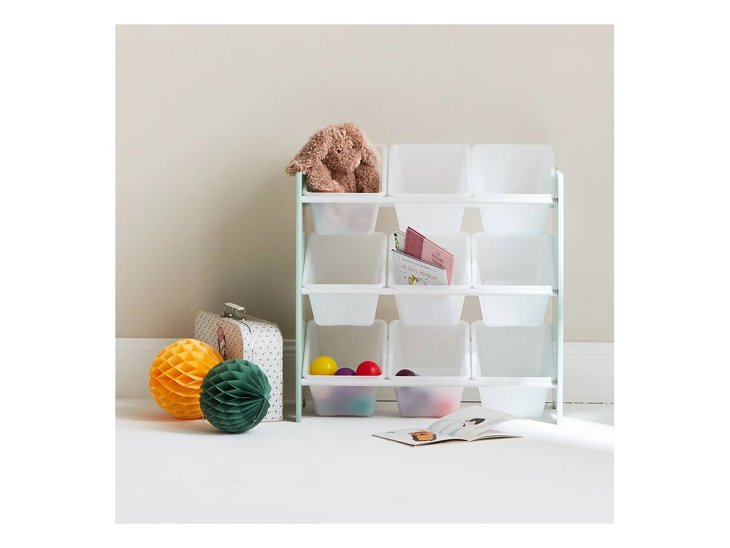 Lot de 2 meubles de rangement pour enfant vert céladon. 18 casiers. 64x29.5x60cm