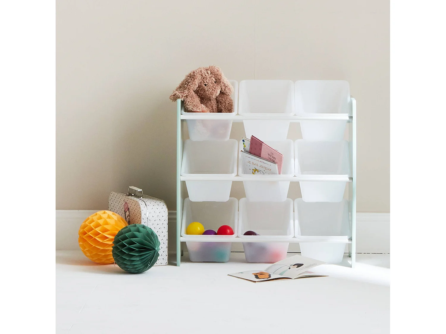 Lot de 2 meubles de rangement pour enfant vert céladon. 18 casiers. 64x29.5x60cm