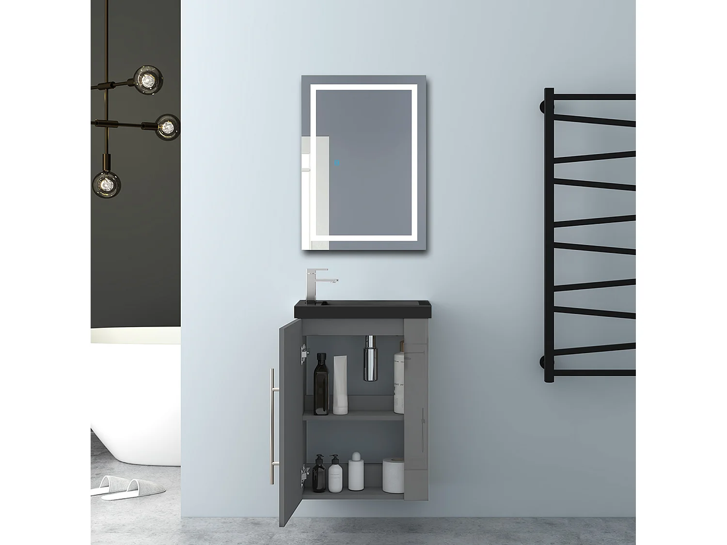 AICA Badmöbel 45cm Schwarz Waschtisch mit Unterschrank - Hochglanz Dunkelgrau Hängeschrank