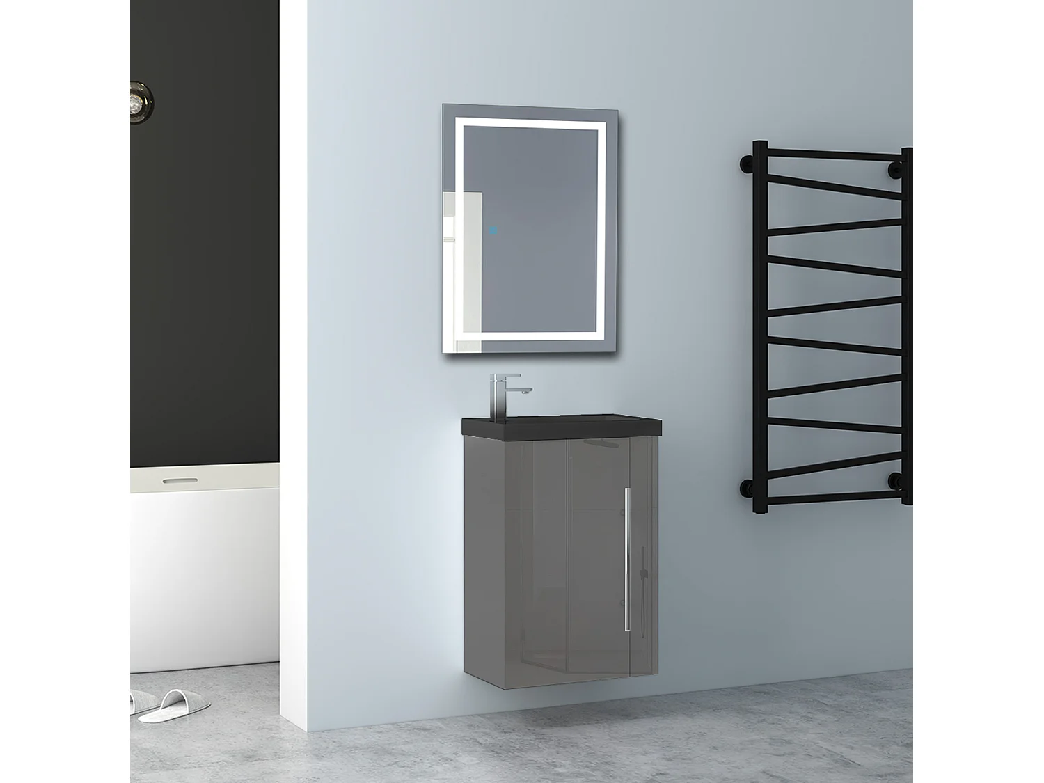 AICA Badmöbel 45cm Schwarz Waschtisch mit Unterschrank - Hochglanz Dunkelgrau Hängeschrank