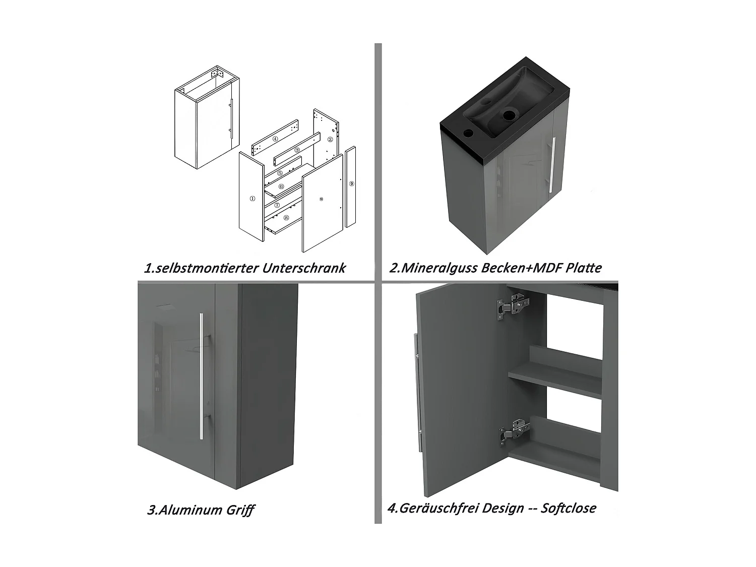 AICA Badmöbel 45cm Schwarz Waschtisch mit Unterschrank - Hochglanz Dunkelgrau Hängeschrank
