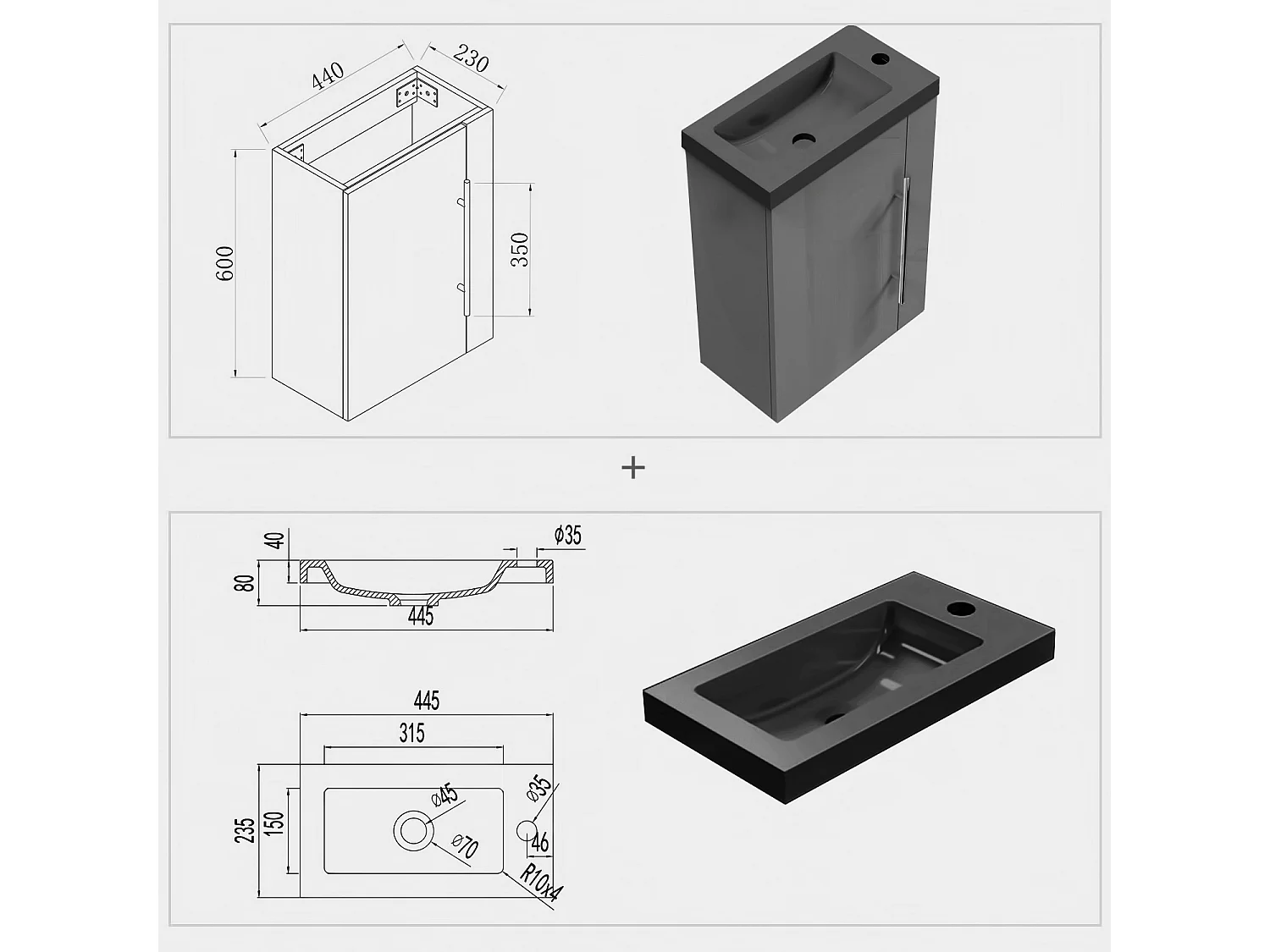 AICA Badmöbel 45cm Schwarz Waschtisch mit Unterschrank - Hochglanz Dunkelgrau Hängeschrank