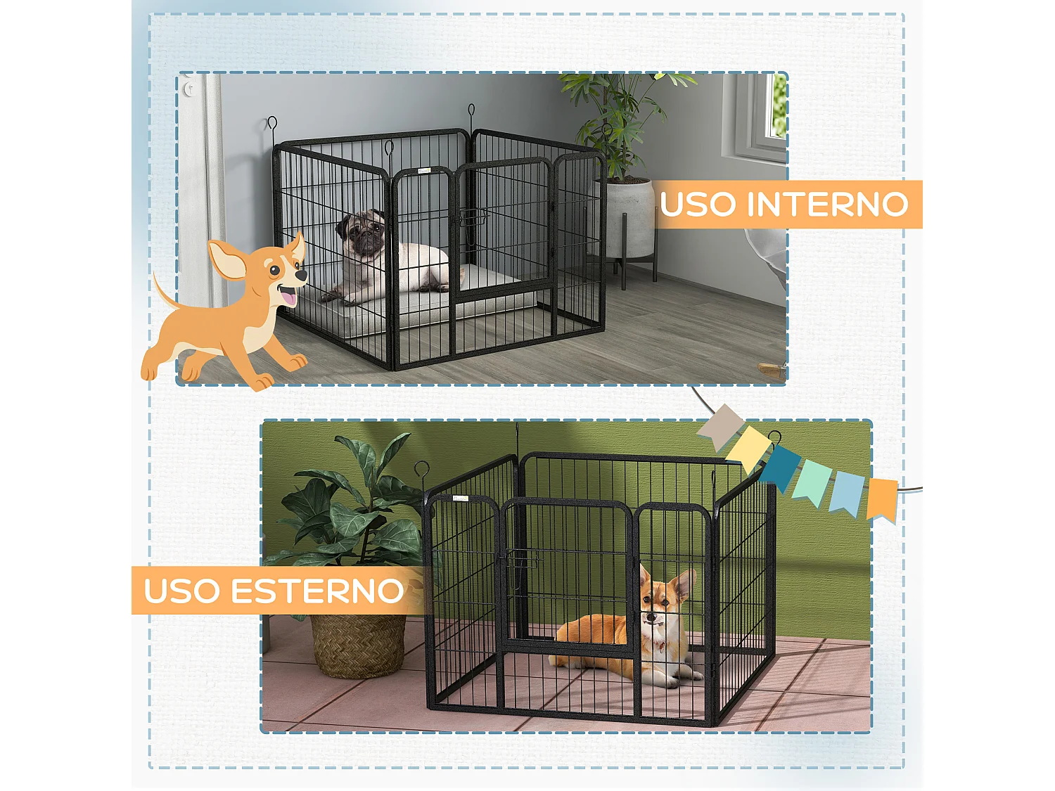 Recinto per cani pieghevole da interno ed esterno con porta grigio