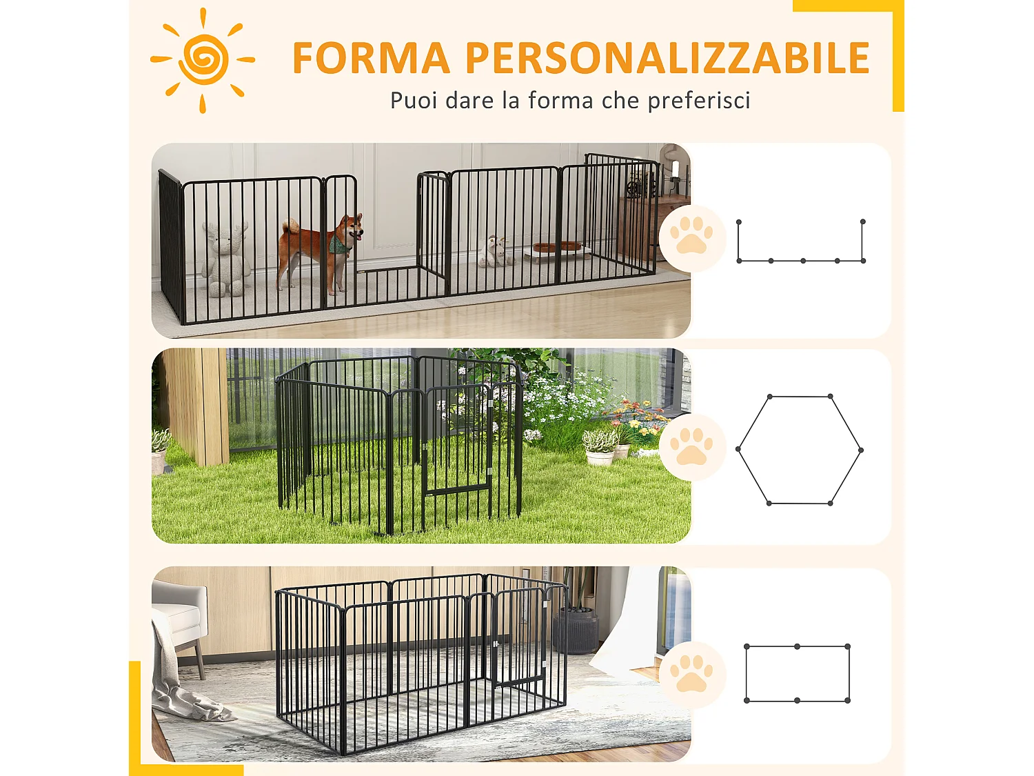 Recinto per cani a 6 pannelli modulabili in acciaio nero