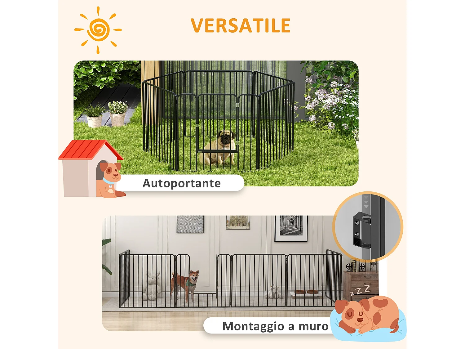 Recinto per cani a 6 pannelli modulabili in acciaio nero